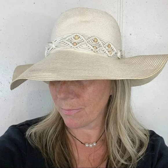 Lord & Taylor Accessories - Lord & Taylor‎ Sun Hat OS Cream Macrame Beaded Wide Brim Made in Italy Paper